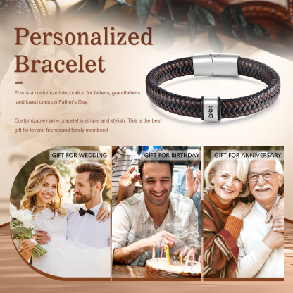 Personalised Men's Leather Bracelet with 1 Name with 1 Bead Bracelet Christmas Gift for Dad/Grandad | Jessemade