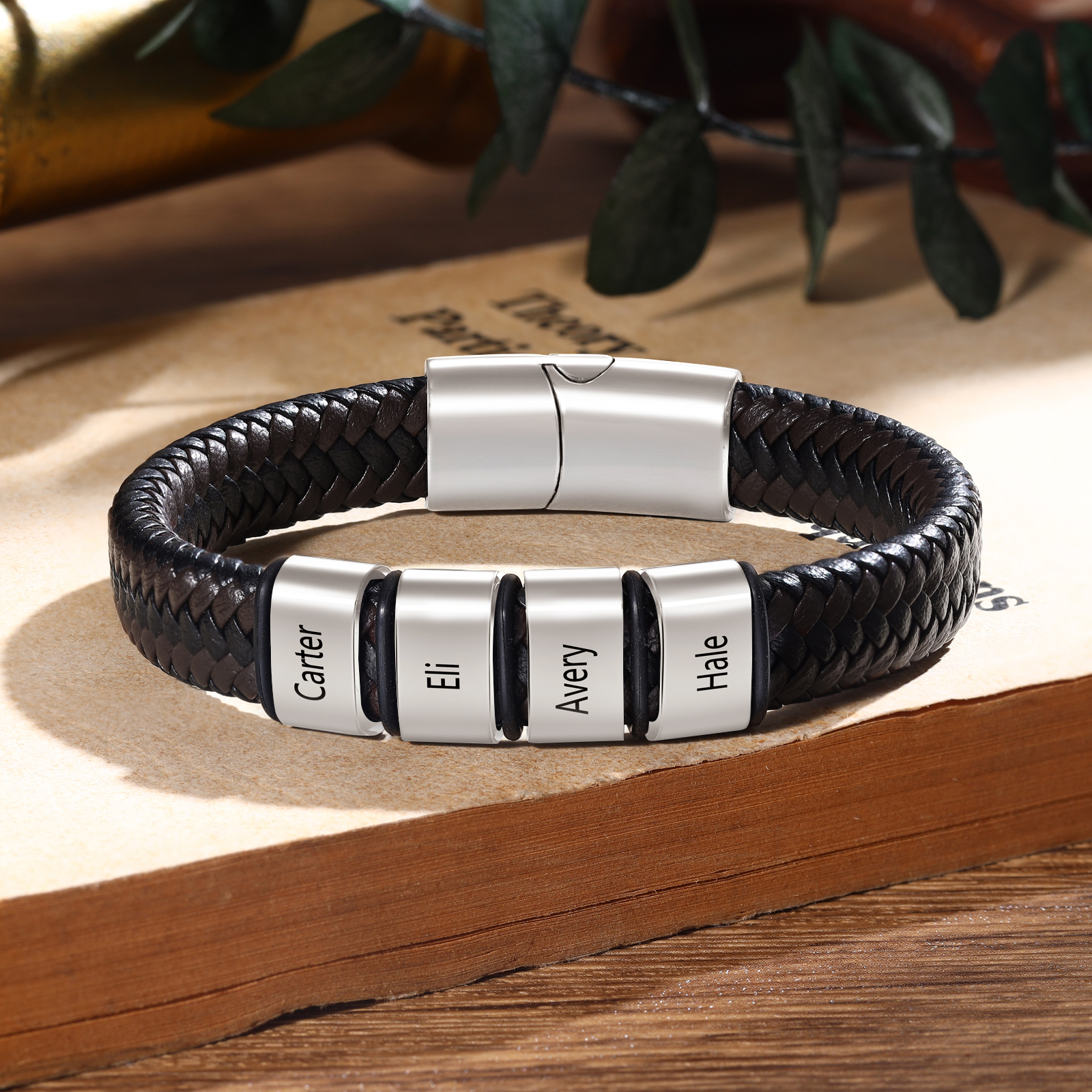 Personalised Men's Leather Bracelet with 4 Names with 4 Beads Bracelet Christmas Gift for Dad/Grandad | Jessemade