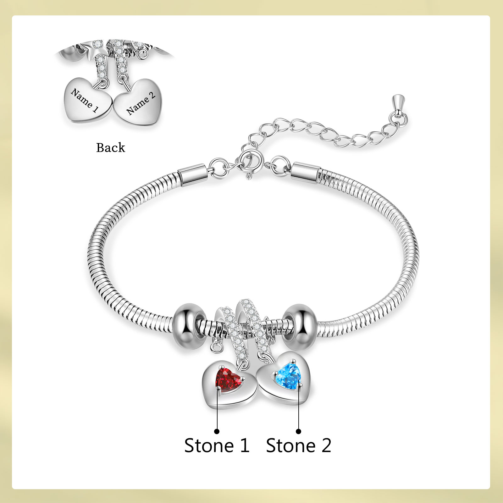 Personalised Women's Birthstone Bracelet – Customised with 2 Names & 2 Birthstones, Heart Pendant Design, Valentine’s Day Gift for Her | Jessemade