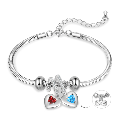 Personalised Women's Birthstone Bracelet – Customised with 2 Names & 2 Birthstones, Heart Pendant Design, Valentine’s Day Gift for Her | Jessemade