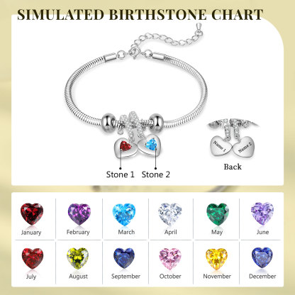 Personalised Women's Birthstone Bracelet – Customised with 2 Names & 2 Birthstones, Heart Pendant Design, Valentine’s Day Gift for Her | Jessemade
