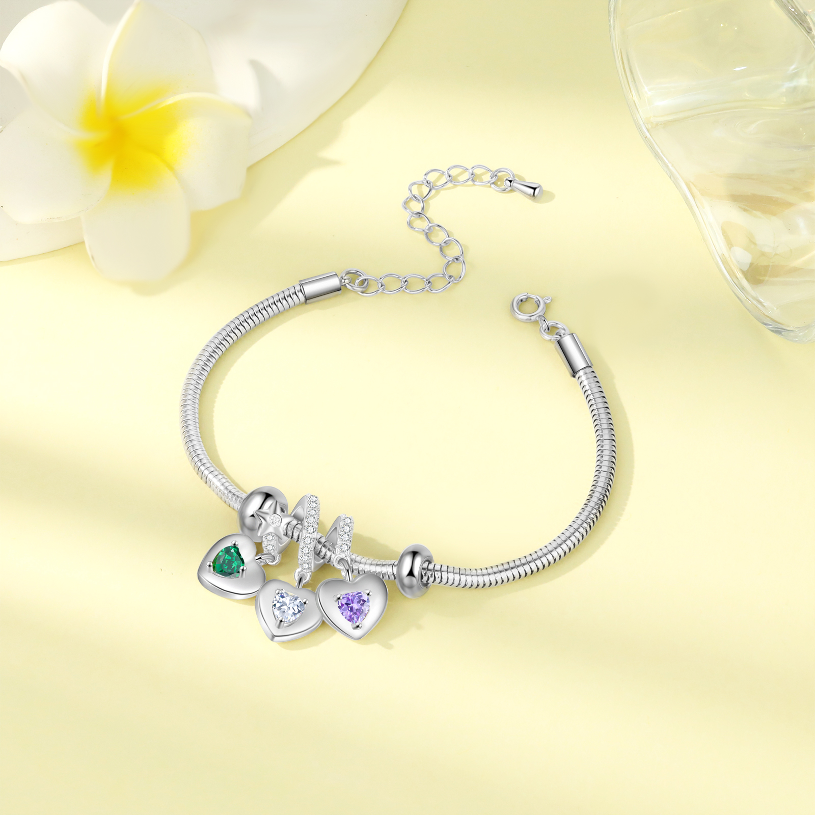 Personalised Women's Birthstone Bracelet – Customised with 3 Names & 3 Birthstones, Heart Pendant Design, Special Gift for Her | Jessemade