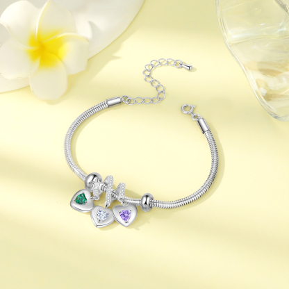 Personalised Women's Birthstone Bracelet – Customised with 3 Names & 3 Birthstones, Heart Pendant Design, Special Gift for Her | Jessemade