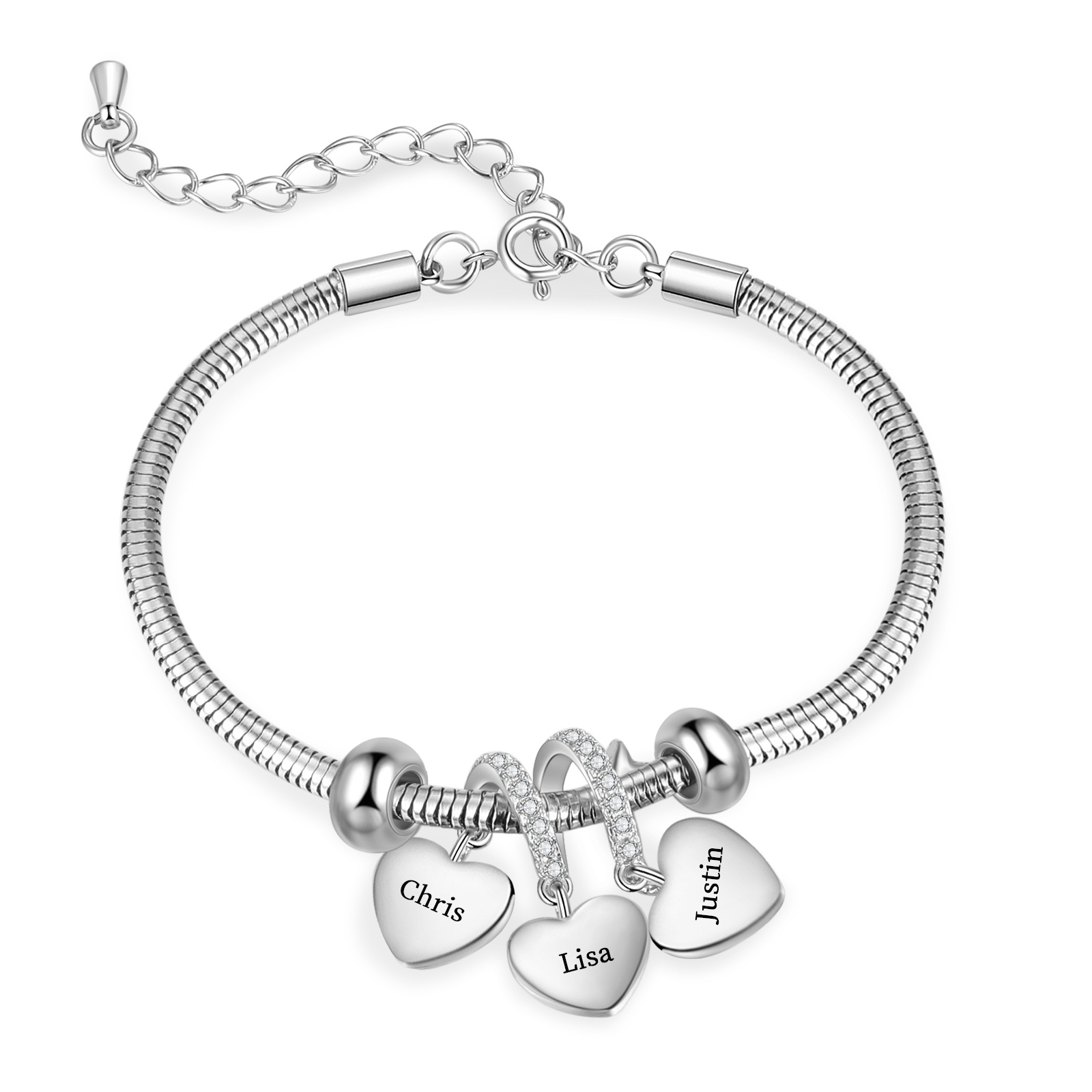 Personalised Women's Birthstone Bracelet – Customised with 3 Names & 3 Birthstones, Heart Pendant Design, Special Gift for Her | Jessemade