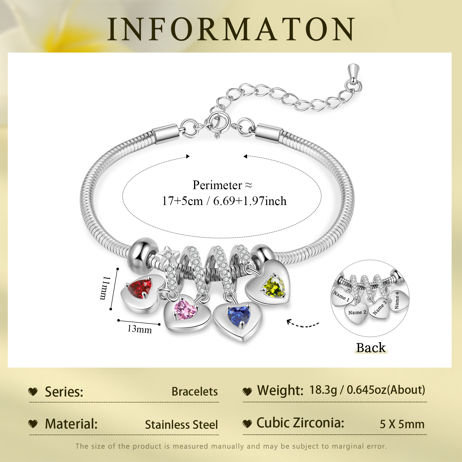 Personalised Women's Birthstone Bracelet – Customised with 4 Names & 4 Birthstones, Heart Pendant Design, Special Gift for Her | Jessemade