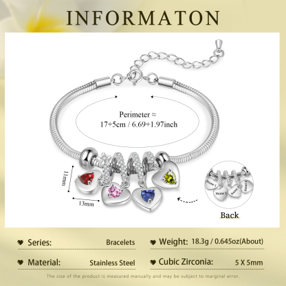 Personalised Women's Birthstone Bracelet – Customised with 4 Names & 4 Birthstones, Heart Pendant Design, Special Gift for Her | Jessemade