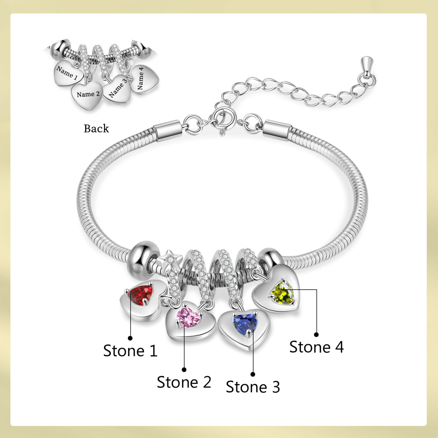 Personalised Women's Birthstone Bracelet – Customised with 4 Names & 4 Birthstones, Heart Pendant Design, Special Gift for Her | Jessemade