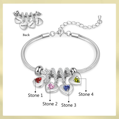 Personalised Women's Birthstone Bracelet – Customised with 4 Names & 4 Birthstones, Heart Pendant Design, Special Gift for Her | Jessemade