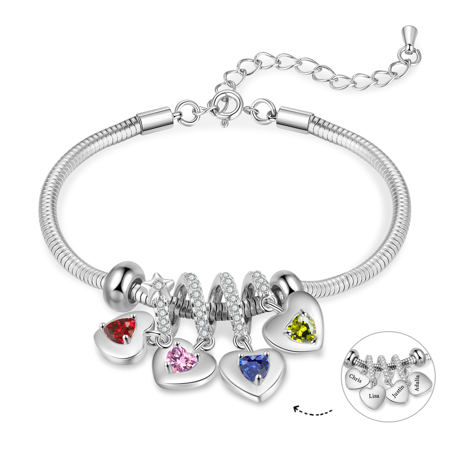 Personalised Women's Birthstone Bracelet – Customised with 4 Names & 4 Birthstones, Heart Pendant Design, Special Gift for Her | Jessemade