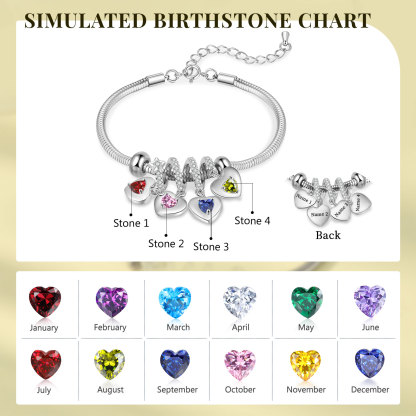 Personalised Women's Birthstone Bracelet – Customised with 4 Names & 4 Birthstones, Heart Pendant Design, Special Gift for Her | Jessemade