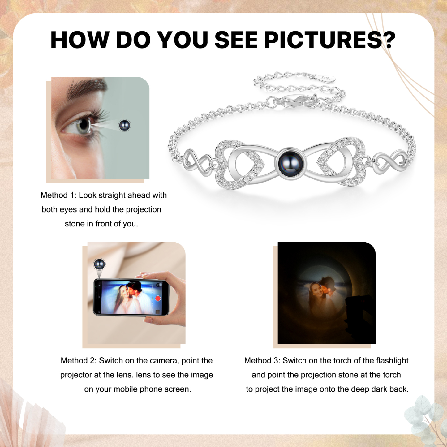 Personalized Projection Bracelet Custom 1 Photo Infinity & Heart Design 3 Colors Gift for Her | Jessemade