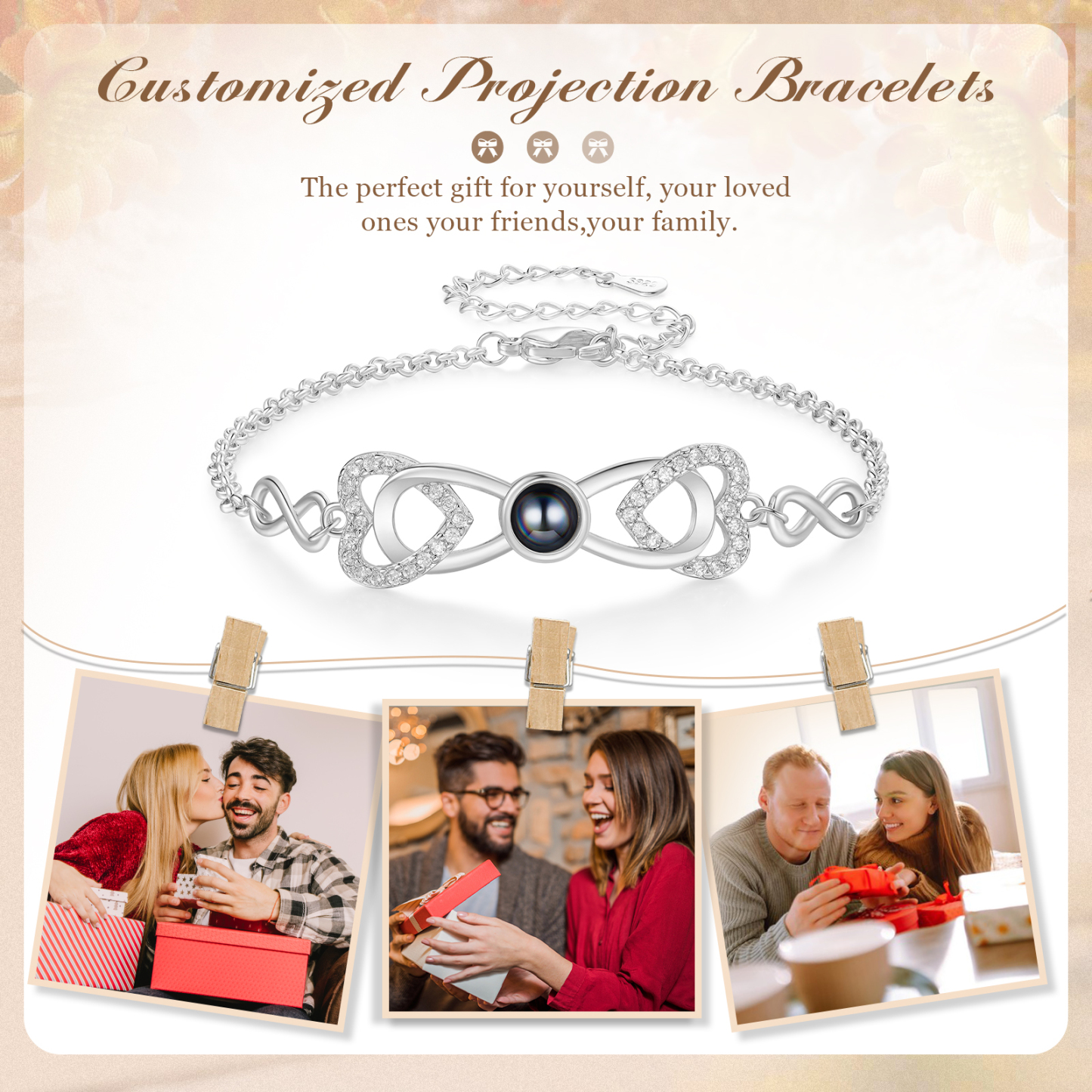 Personalized Projection Bracelet Custom 1 Photo Infinity & Heart Design 3 Colors Gift for Her | Jessemade