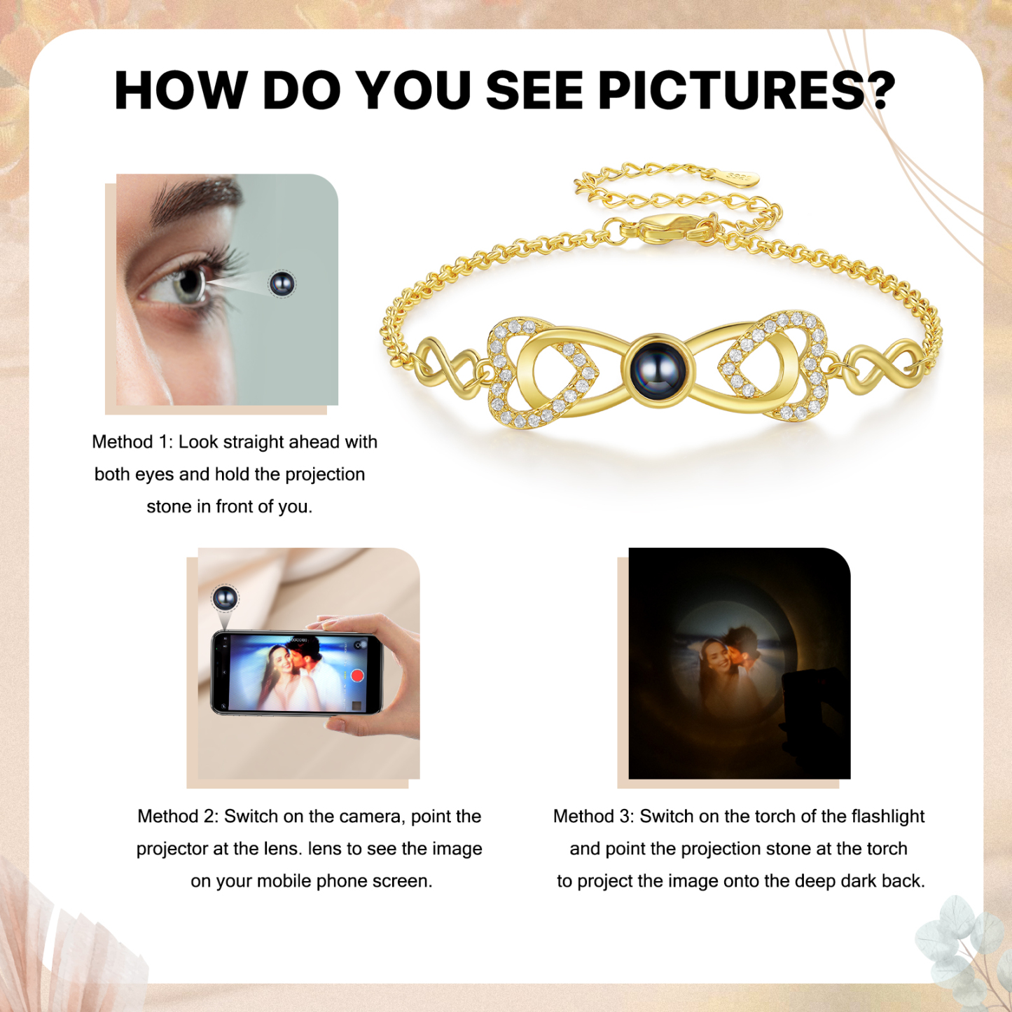 Personalized Projection Bracelet Custom 1 Photo Infinity & Heart Design 3 Colors Gift for Her | Jessemade