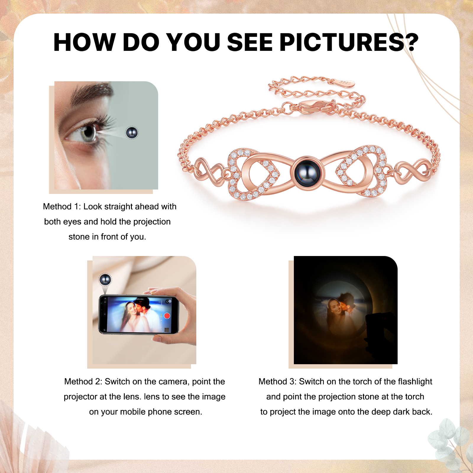 Personalized Projection Bracelet Custom 1 Photo Infinity & Heart Design 3 Colors Gift for Her | Jessemade