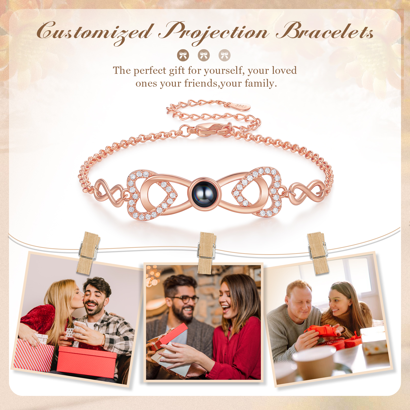 Personalized Projection Bracelet Custom 1 Photo Infinity & Heart Design 3 Colors Gift for Her | Jessemade