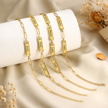 Personalised Gold Women's Bracelet – Custom 3 Birthstones and 3 Engraved Names, Elegant Chain Design, Perfect Gift for Mum, Wife, or Friend | Jessemade