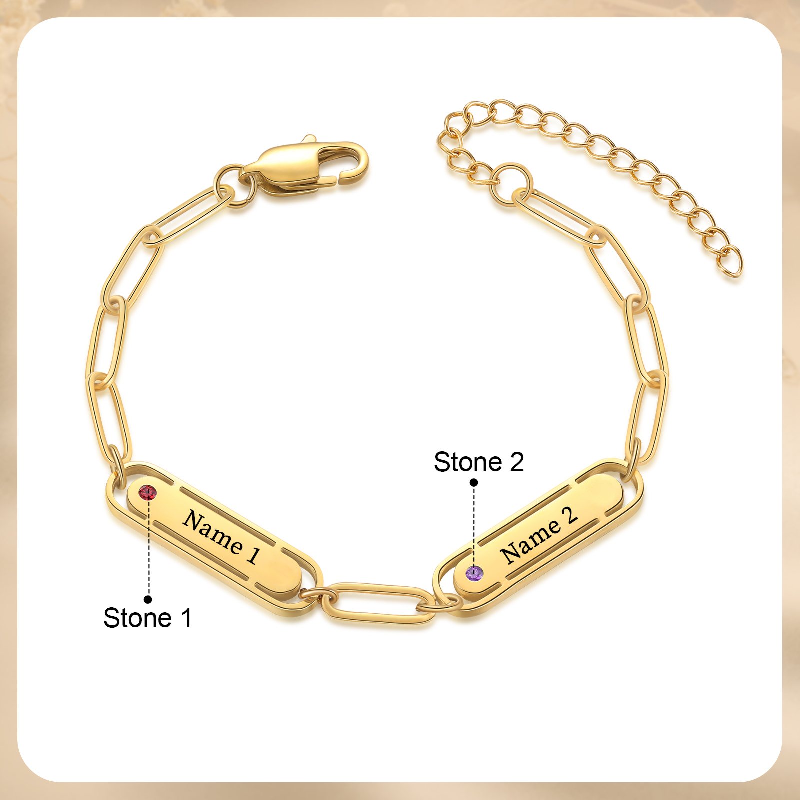 Personalised Gold Women's Bracelet – Custom 2 Birthstones and 2 Engraved Names, Elegant Chain Design, Perfect Gift for Mum, Wife, or Friend | Jessemade