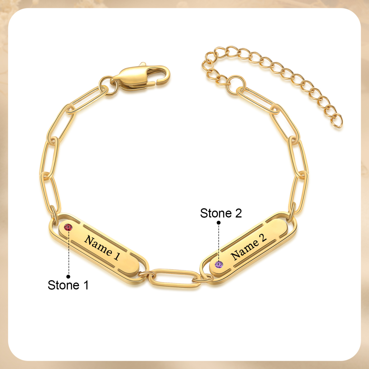 Personalised Gold Women's Bracelet – Custom 2 Birthstones and 2 Engraved Names, Elegant Chain Design, Perfect Gift for Mum, Wife, or Friend | Jessemade