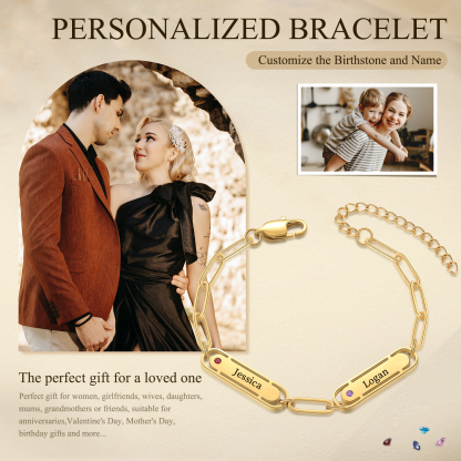 Personalised Gold Women's Bracelet – Custom 2 Birthstones and 2 Engraved Names, Elegant Chain Design, Perfect Gift for Mum, Wife, or Friend | Jessemade