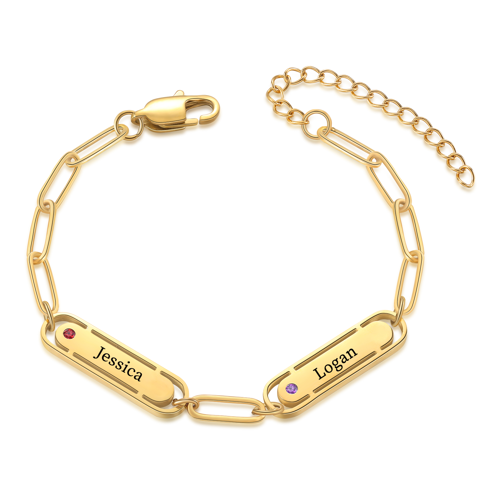 Personalised Gold Women's Bracelet – Custom 2 Birthstones and 2 Engraved Names, Elegant Chain Design, Perfect Gift for Mum, Wife, or Friend | Jessemade