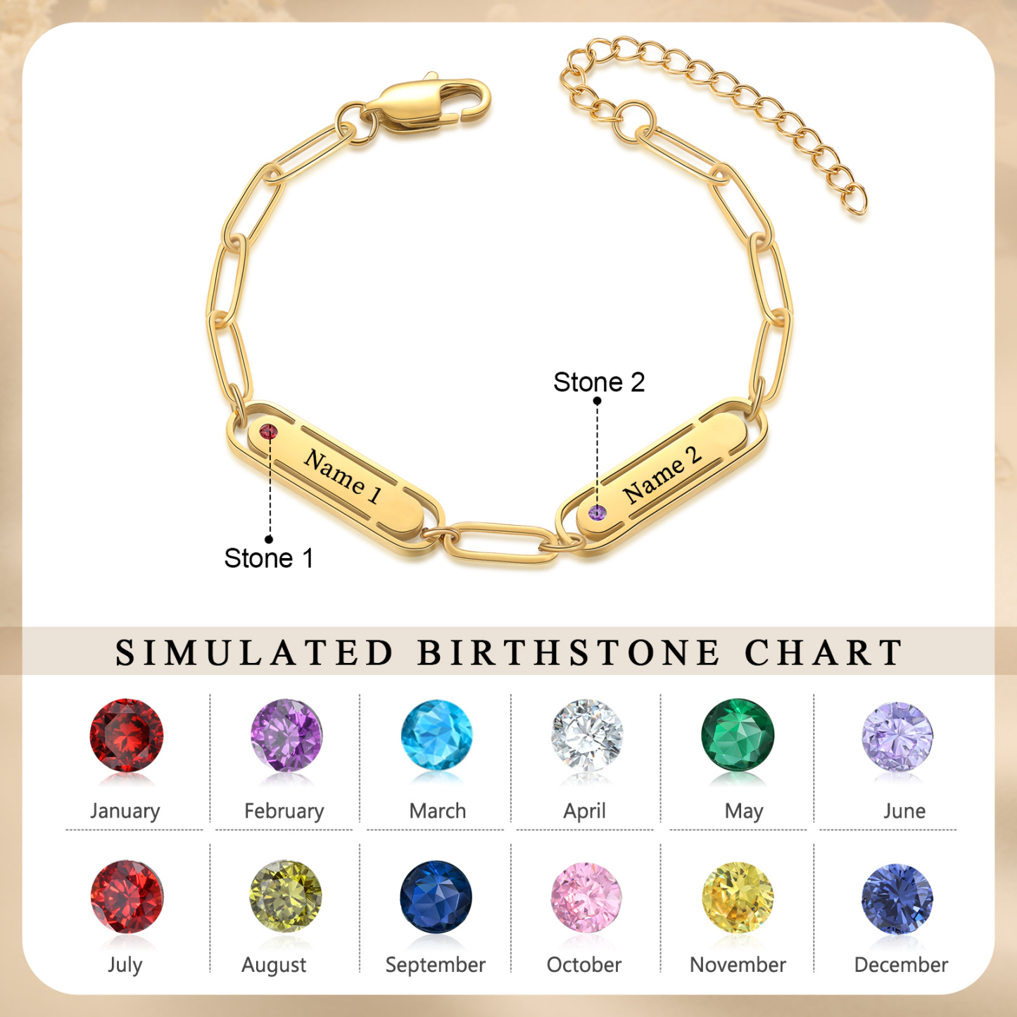 Personalised Gold Women's Bracelet – Custom 2 Birthstones and 2 Engraved Names, Elegant Chain Design, Perfect Gift for Mum, Wife, or Friend | Jessemade