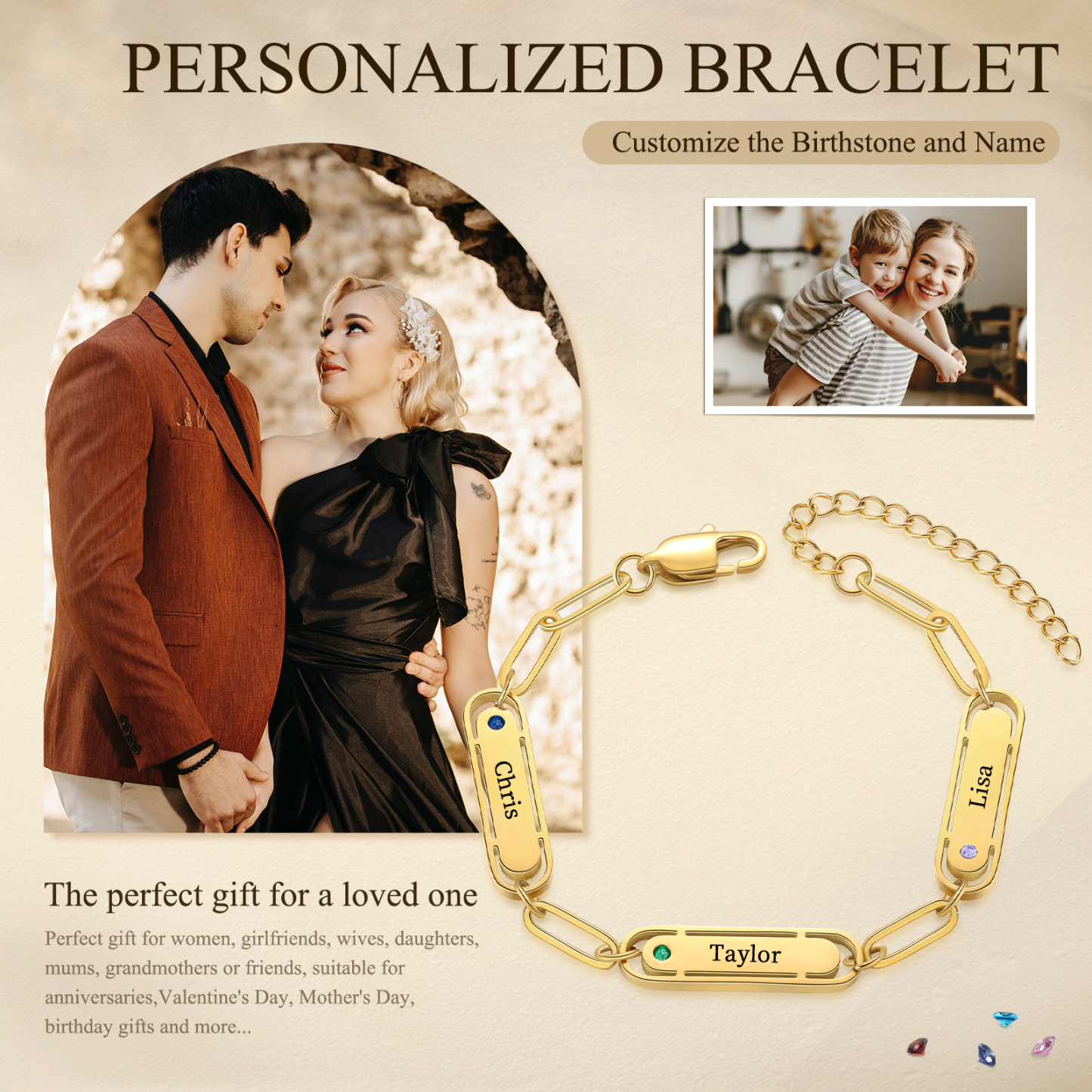 Personalised Gold Women's Bracelet – Custom 3 Birthstones and 3 Engraved Names, Elegant Chain Design, Perfect Gift for Mum, Wife, or Friend | Jessemade