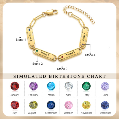 Personalised Gold Women's Bracelet – Custom 4 Birthstones and 4 Engraved Names, Elegant Chain Design, Perfect Gift for Mum, Wife, or Friend | Jessemade