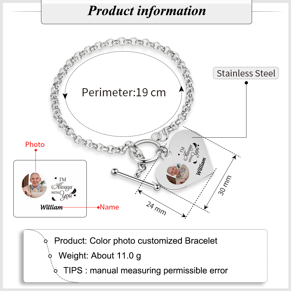 Personalised Memorial Bracelet –Custom Photo and Name Stainless Steel Bracelet- "I will always with you" | Jessemade