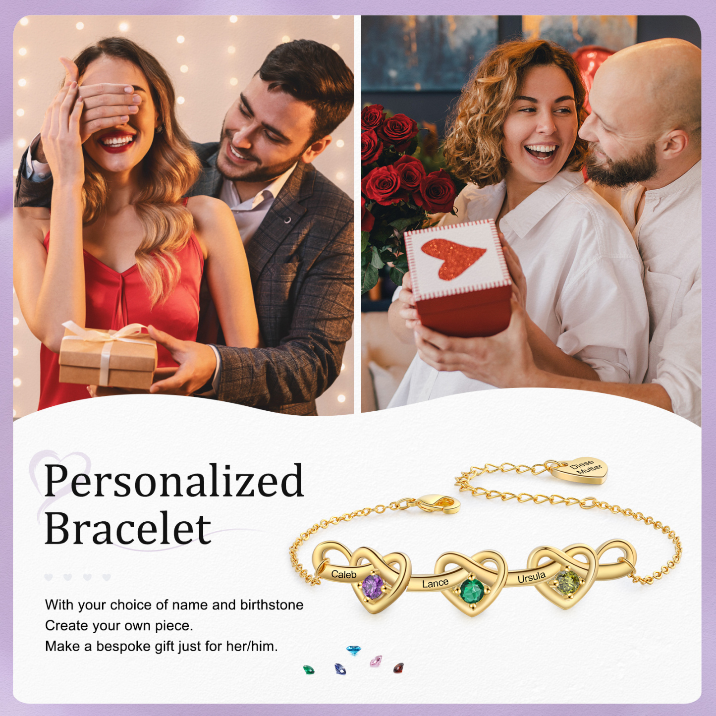 Personalised Women’s Birthstone Bracelet – Customised with 3 Names, 3 Birthstones & Engraved Text, Heart & Infinity Design – Valentine’s Day Gift for Her | Jessemade