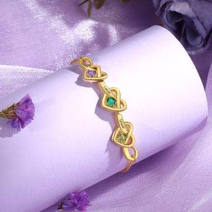 Personalised Women’s Birthstone Bracelet – Customised with 3 Names, 3 Birthstones & Engraved Text, Heart & Infinity Design – Valentine’s Day Gift for Her | Jessemade