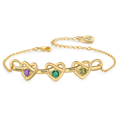 Personalised Women’s Birthstone Bracelet – Customised with 3 Names, 3 Birthstones & Engraved Text, Heart & Infinity Design – Valentine’s Day Gift for Her | Jessemade