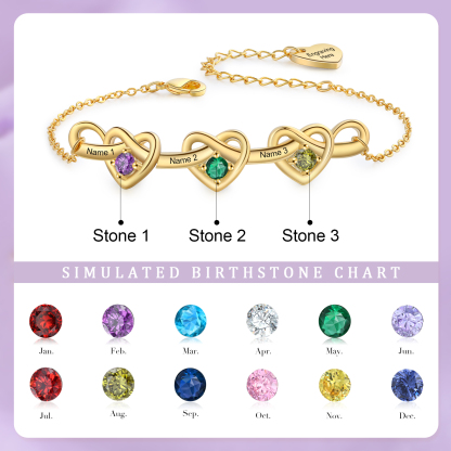 Personalised Women’s Birthstone Bracelet – Customised with 3 Names, 3 Birthstones & Engraved Text, Heart & Infinity Design – Valentine’s Day Gift for Her | Jessemade