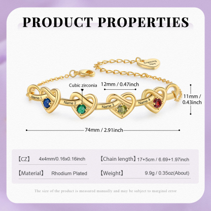 Personalised Women’s Birthstone Bracelet – Customised with 4 Names, 4 Birthstones & Engraved Text, Heart & Infinity Design – Special Gift for Her | Jessemade