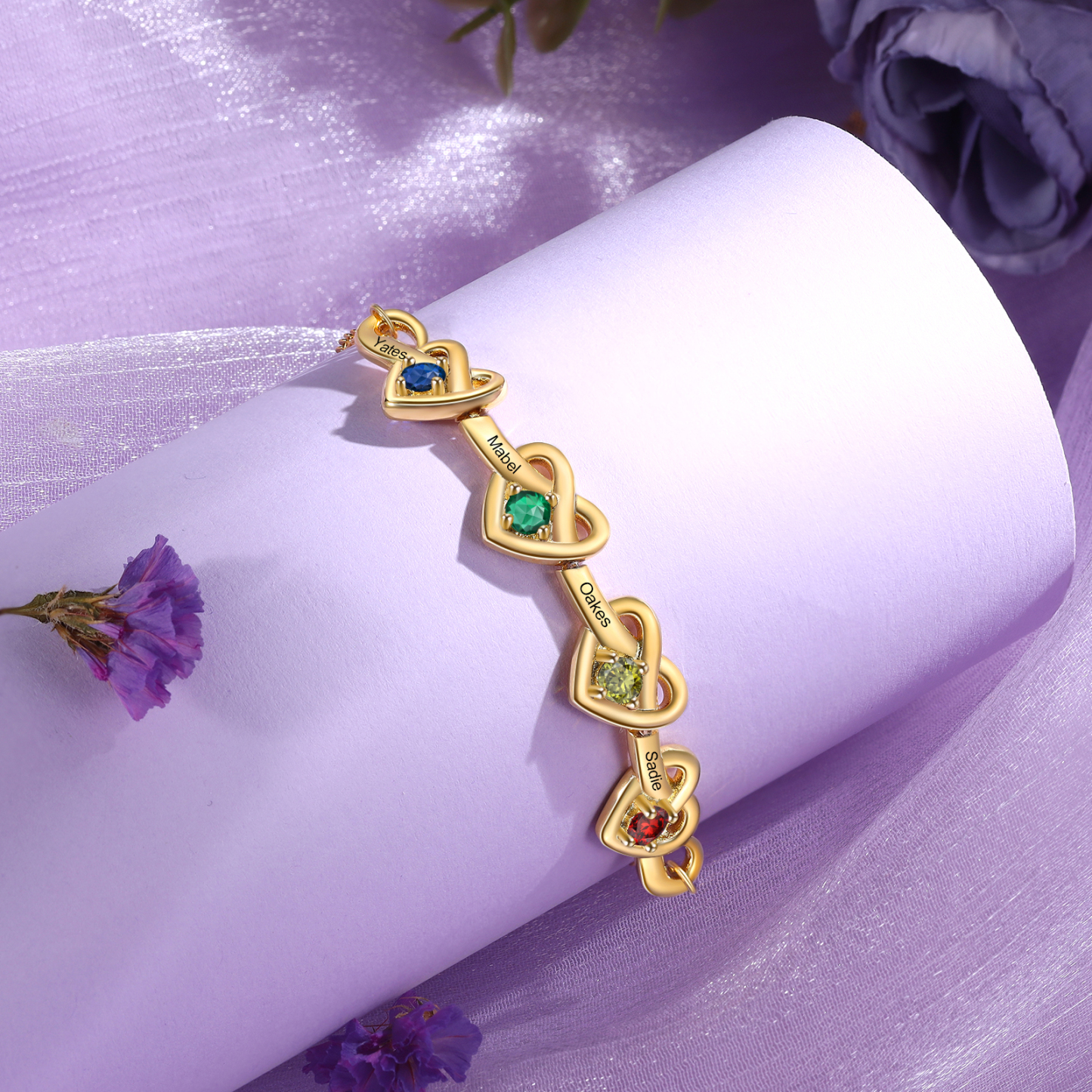 Personalised Women’s Birthstone Bracelet – Customised with 4 Names, 4 Birthstones & Engraved Text, Heart & Infinity Design – Special Gift for Her | Jessemade