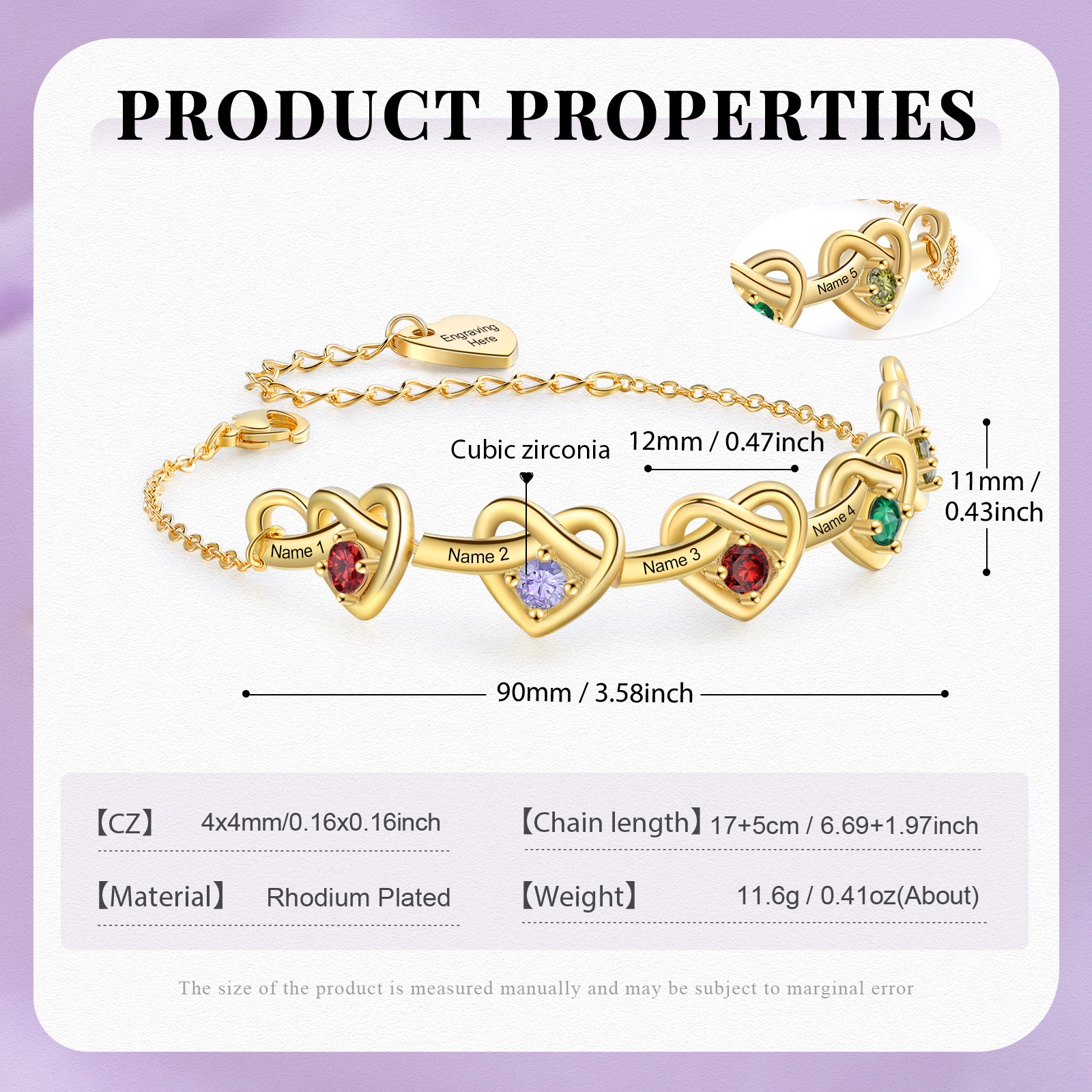 Personalised Women’s Birthstone Bracelet – Customised with 5 Names, 5 Birthstones & Engraved Text, Heart & Infinity Design – Special Gift for Her | Jessemade