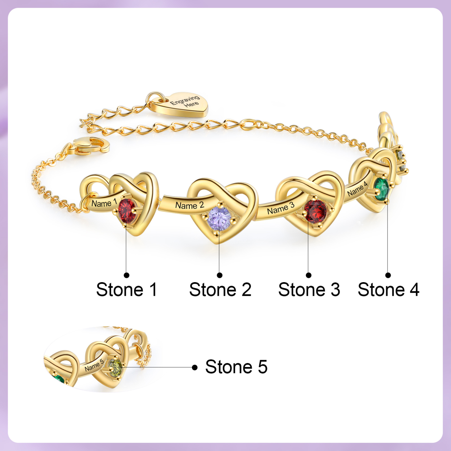 Personalised Women’s Birthstone Bracelet – Customised with 5 Names, 5 Birthstones & Engraved Text, Heart & Infinity Design – Special Gift for Her | Jessemade