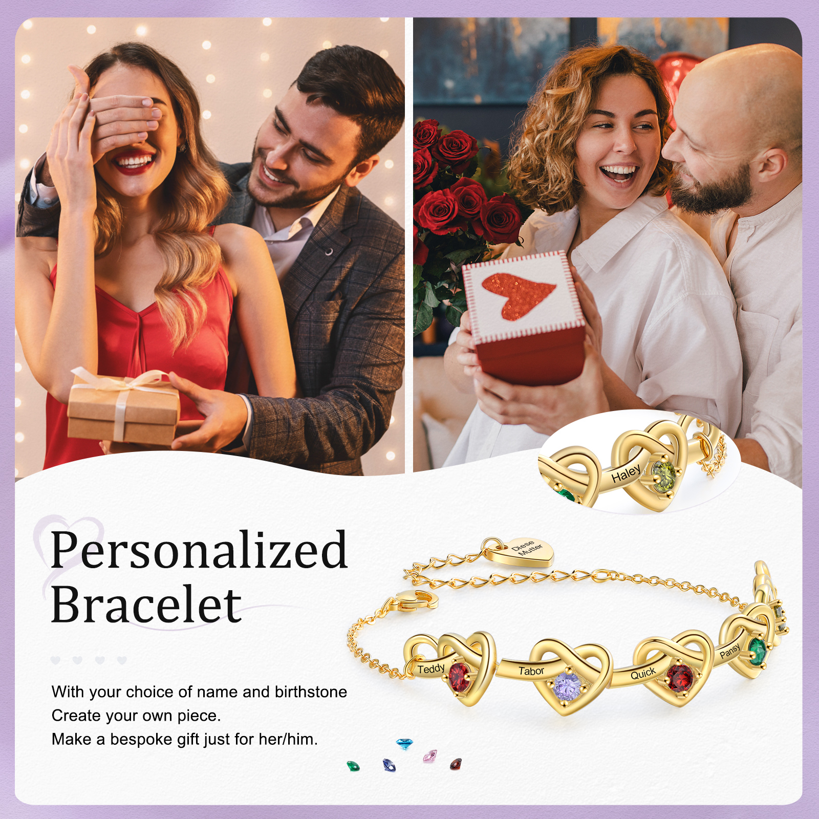 Personalised Women’s Birthstone Bracelet – Customised with 5 Names, 5 Birthstones & Engraved Text, Heart & Infinity Design – Special Gift for Her | Jessemade