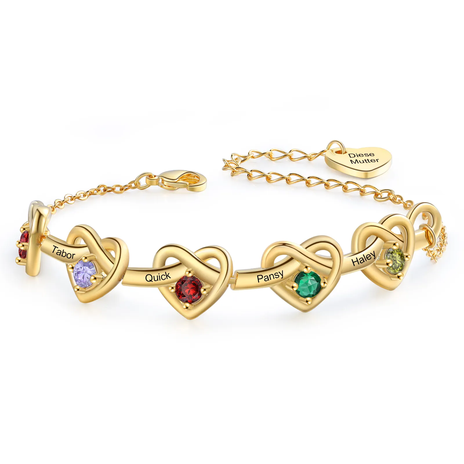 Personalized Women’s Birthstone Bracelet – Customised with 2-6 Names, Birthstones & 1 Engraved Text, Heart & Infinity Design – Valentine’s Day Gift for Her | Jessemade