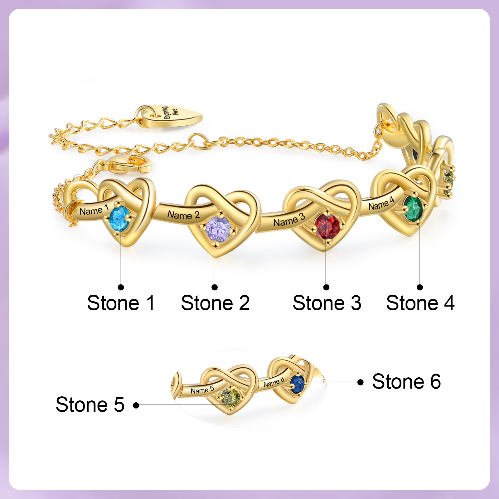 [Copy]Personalised Women’s Birthstone Bracelet – Customised with 6 Names, 6 Birthstones & Engraved Text, Heart & Infinity Design – Special Gift for Her | Jessemade