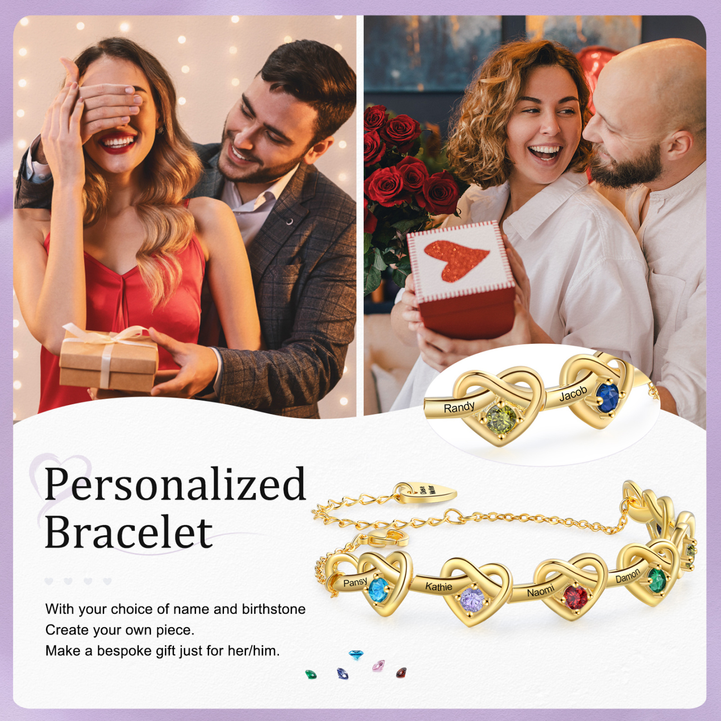 [Copy]Personalised Women’s Birthstone Bracelet – Customised with 6 Names, 6 Birthstones & Engraved Text, Heart & Infinity Design – Special Gift for Her | Jessemade