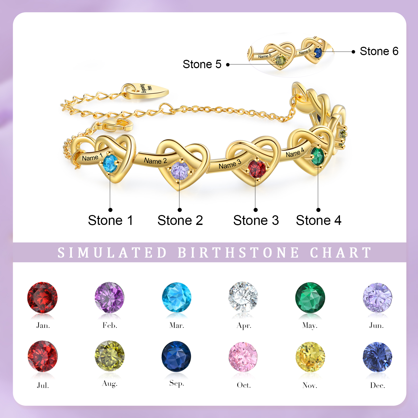 [Copy]Personalised Women’s Birthstone Bracelet – Customised with 6 Names, 6 Birthstones & Engraved Text, Heart & Infinity Design – Special Gift for Her | Jessemade