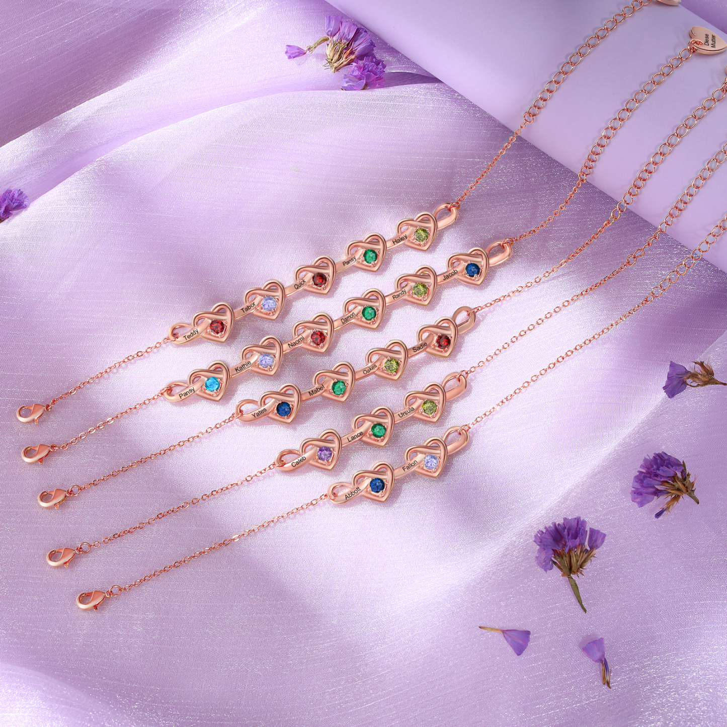 Personalised Women’s Birthstone Bracelet – Customised with 3 Names, 3 Birthstones & Engraved Text, Heart & Infinity Design – Valentine’s Day Gift for Her | Jessemade