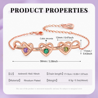 Personalised Women’s Birthstone Bracelet – Customised with 3 Names, 3 Birthstones & Engraved Text, Heart & Infinity Design – Valentine’s Day Gift for Her | Jessemade