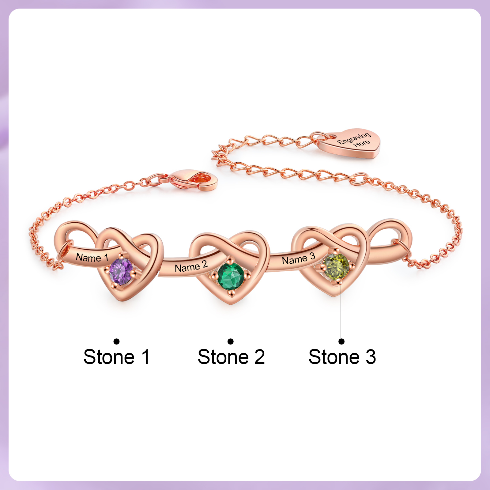 Personalised Women’s Birthstone Bracelet – Customised with 3 Names, 3 Birthstones & Engraved Text, Heart & Infinity Design – Valentine’s Day Gift for Her | Jessemade