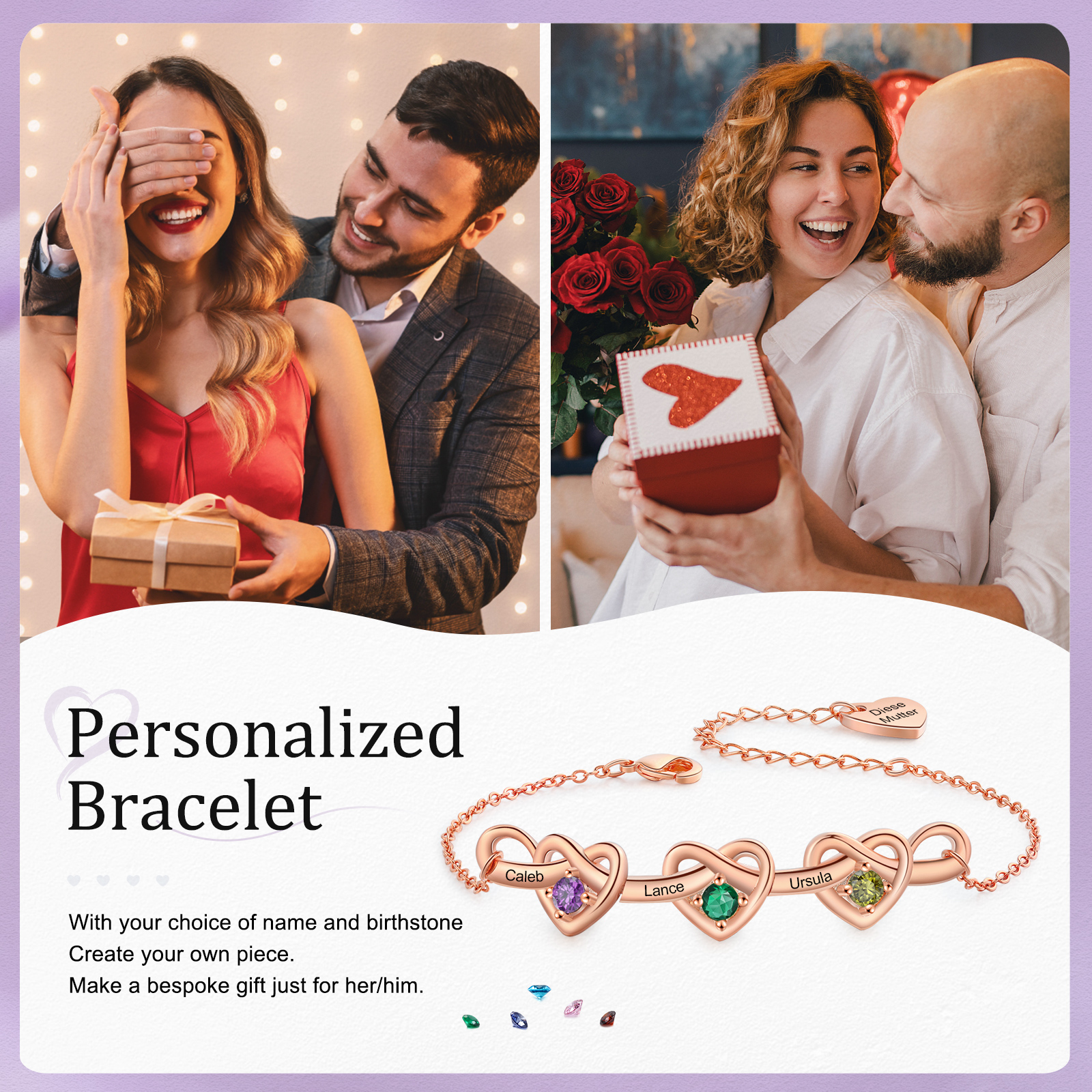 Personalised Women’s Birthstone Bracelet – Customised with 3 Names, 3 Birthstones & Engraved Text, Heart & Infinity Design – Valentine’s Day Gift for Her | Jessemade