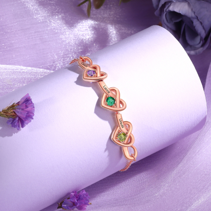 Personalised Women’s Birthstone Bracelet – Customised with 3 Names, 3 Birthstones & Engraved Text, Heart & Infinity Design – Valentine’s Day Gift for Her | Jessemade