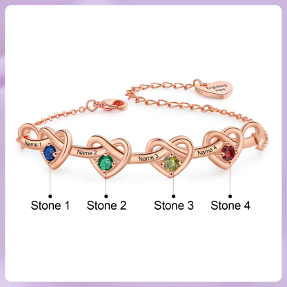 Personalised Women’s Birthstone Bracelet – Customised with 4 Names, 4 Birthstones & Engraved Text, Heart & Infinity Design – Special Gift for Her | Jessemade