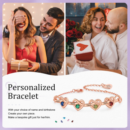 Personalised Women’s Birthstone Bracelet – Customised with 4 Names, 4 Birthstones & Engraved Text, Heart & Infinity Design – Special Gift for Her | Jessemade
