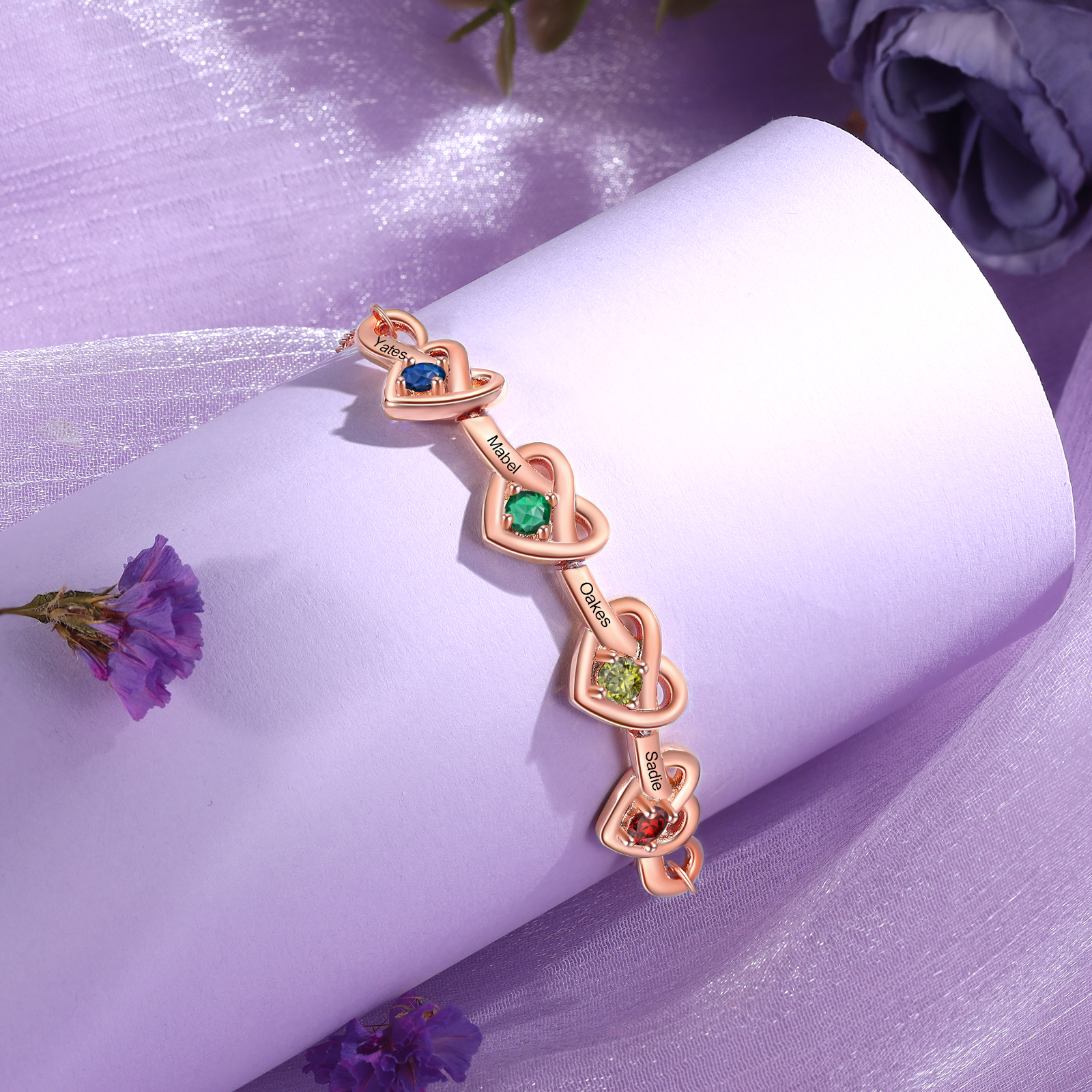 Personalised Women’s Birthstone Bracelet – Customised with 4 Names, 4 Birthstones & Engraved Text, Heart & Infinity Design – Special Gift for Her | Jessemade