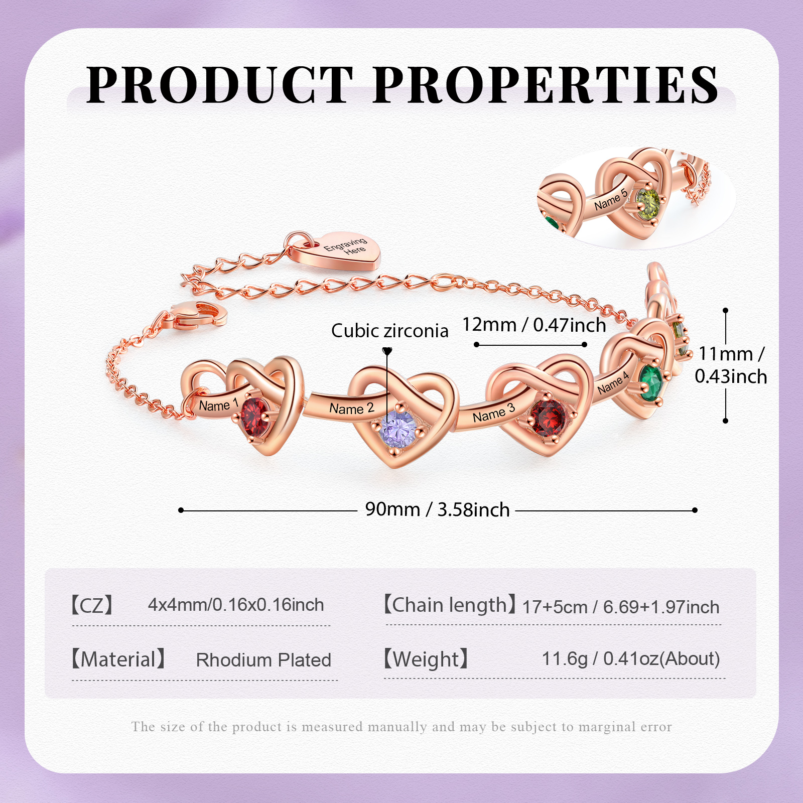 Personalised Women’s Birthstone Bracelet – Customised with 5 Names, 5 Birthstones & Engraved Text, Heart & Infinity Design – Special Gift for Her | Jessemade